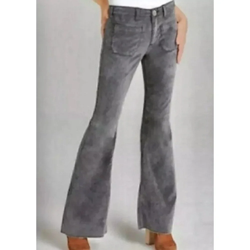 Free People Gray Velvet Bell Bottom Flare‎ Pants Front Patch Pockets Size 27